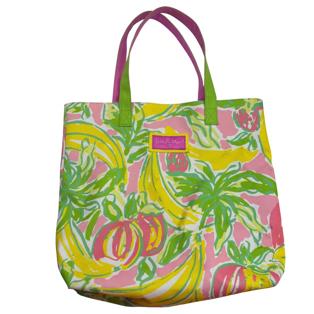 Lilly Pulitzer for Estee Lauder Tropical Fruit Canvas Tote Bag Pink Yellow Green